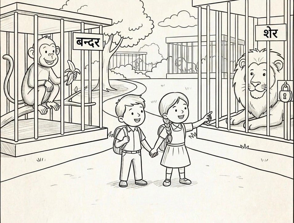 Class 6 Sanskrit Chitra Varnan Zoo कक्षा ६ के लिए संस्कृत चित्र-वर्णन जन्तुशाला का चित्र